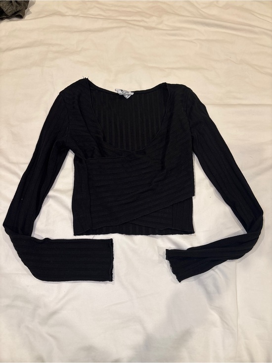 Princess Polly Tops - Princess Polly Black Ribbed Wrap-Front Long Sleeve Crop Top